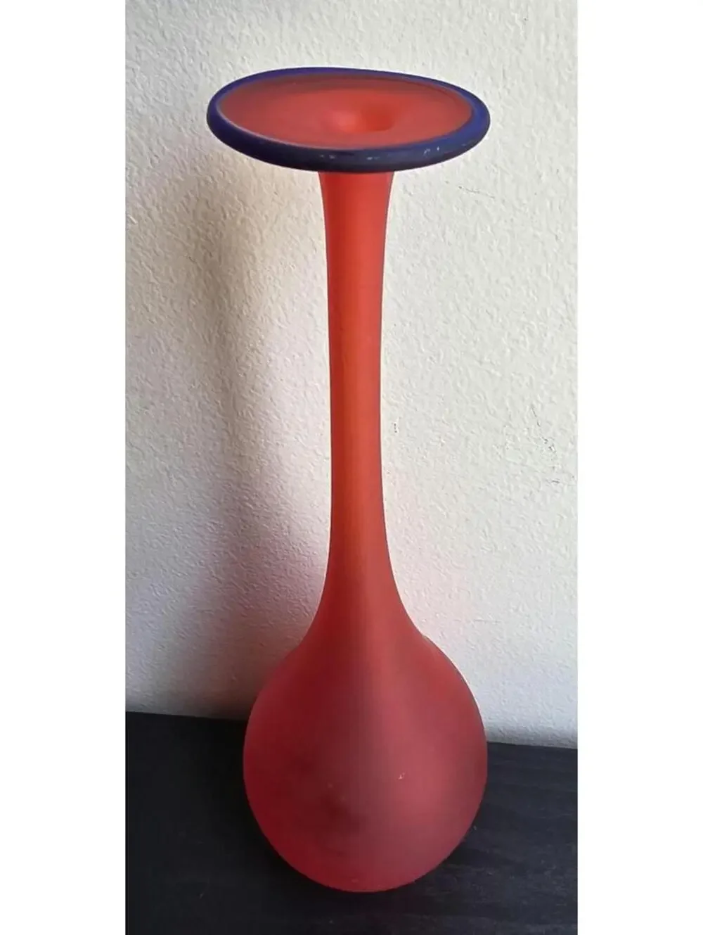 Vintage Murano Style Satin Red Art Glass Bud Vase Blue Rim Carlo Moretti Style